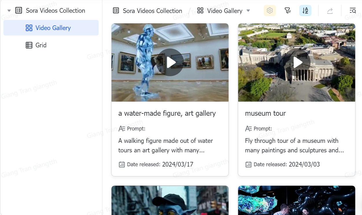 Template quản lý bộ sưu tập Video tạo bởi Sora OpenAI